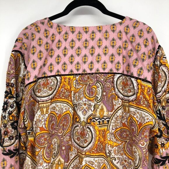 Anthropologie Emma Kayleigh Pink printed tie neck boho balloon sleeve blouse xxs - Picture 11 of 16